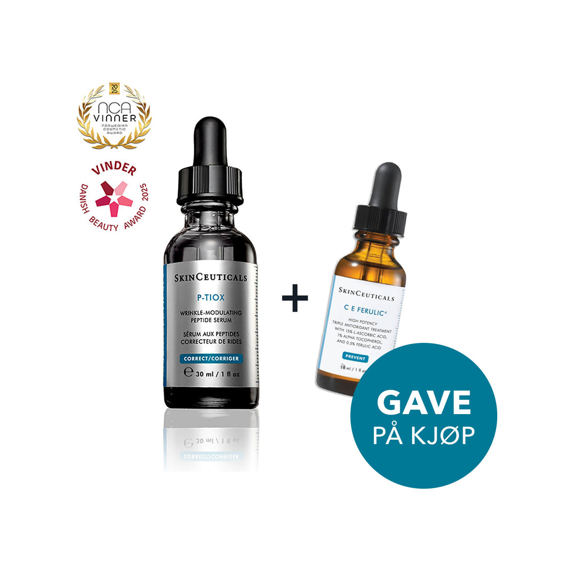SkinCeuticals kampanje - kjøp P-Tiox Wrinkle Modulating Serum, få C E Ferulic (15ml) i gave - verdi kr 1075,-